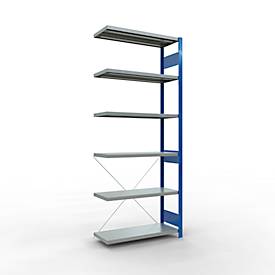 Schulte Lagertechnik Fachbodenregal Stecksystem MultiPlus250, Anbauregal, 6 Fachböden, Kreuzstrebe, B 1000 x T 400 x H 2500 mm, Enzianblau RAL 5010
