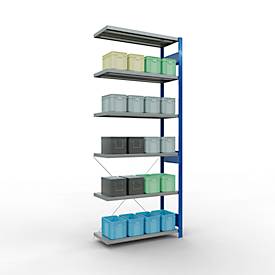 Schulte Lagertechnik Fachbodenregal Stecksystem MultiPlus250, Anbauregal, 6 Fachböden, Kreuzstrebe, B 1000 x T 400 x H 2500 mm, Enzianblau RAL 5010