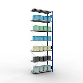Schulte Lagertechnik Fachbodenregal Stecksystem MultiPlus250, Anbauregal, 7 Fachböden, Kreuzstrebe, B 1000 x T 400 x H 3000 mm, Enzianblau RAL 5010