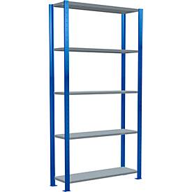 Schulte Lagertechnik Fachbodenregal Stecksystem MultiPlus250, Grundregal, 5 Fachböden, Kreuzstrebe, B 1000 x T 300 x H 2000 mm, Enzianblau RAL 5010