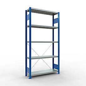 Schulte Lagertechnik Fachbodenregal Stecksystem MultiPlus250, Grundregal, 5 Fachböden, Kreuzstrebe, B 1000 x T 300 x H 2000 mm, Enzianblau RAL 5010