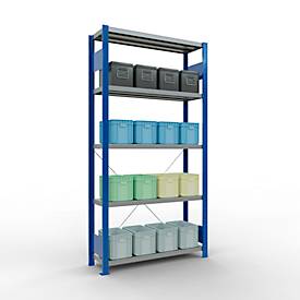 Schulte Lagertechnik Fachbodenregal Stecksystem MultiPlus250, Grundregal, 5 Fachböden, Kreuzstrebe, B 1000 x T 300 x H 2000 mm, Enzianblau RAL 5010
