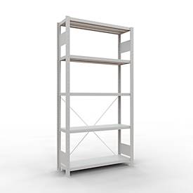 Schulte Lagertechnik Fachbodenregal Stecksystem MultiPlus250, Grundregal, 5 Fachböden, Kreuzstrebe, B 1000 x T 300 x H 2000 mm, Lichtgrau RAL 7035