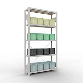 Schulte Lagertechnik Fachbodenregal Stecksystem MultiPlus250, Grundregal, 5 Fachböden, Kreuzstrebe, B 1000 x T 300 x H 2000 mm, Lichtgrau RAL 7035