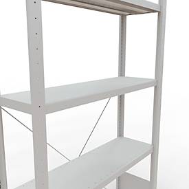 Schulte Lagertechnik Fachbodenregal Stecksystem MultiPlus250, Grundregal, 5 Fachböden, Kreuzstrebe, B 1000 x T 300 x H 2000 mm, Lichtgrau RAL 7035
