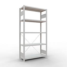 Schulte Lagertechnik Fachbodenregal Stecksystem MultiPlus250, Grundregal, 5 Fachböden, Kreuzstrebe, B 1000 x T 400 x H 2000 mm, Lichtgrau RAL 7035