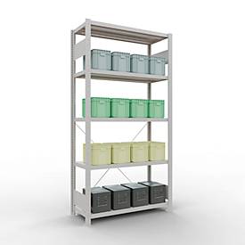 Schulte Lagertechnik Fachbodenregal Stecksystem MultiPlus250, Grundregal, 5 Fachböden, Kreuzstrebe, B 1000 x T 400 x H 2000 mm, Lichtgrau RAL 7035