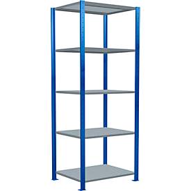 Schulte Lagertechnik Fachbodenregal Stecksystem MultiPlus250, Grundregal, 5 Fachböden, Kreuzstrebe, B 750 x T 600 x H 2000 mm, Enzianblau RAL 5010
