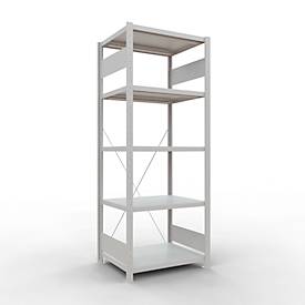 Schulte Lagertechnik Fachbodenregal Stecksystem MultiPlus250, Grundregal, 5 Fachböden, Kreuzstrebe, B 750 x T 600 x H 2000 mm, Lichtgrau RAL 7035