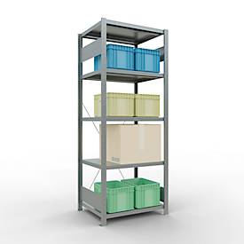 Schulte Lagertechnik Fachbodenregal Stecksystem MultiPlus250, Grundregal, 5 Fachböden, Kreuzstrebe, B 750 x T 600 x H 2000 mm, silbergrau/verzinkt