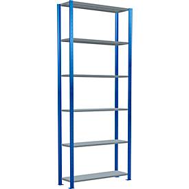 Schulte Lagertechnik Fachbodenregal Stecksystem MultiPlus250, Grundregal, 6 Fachböden, Kreuzstrebe, B 1000 x T 300 x H 2500 mm, Enzianblau RAL 5010