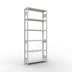 Schulte Lagertechnik Fachbodenregal Stecksystem MultiPlus250, Grundregal, 6 Fachböden, Kreuzstrebe, B 1000 x T 300 x H 2500 mm, Lichtgrau RAL 7035