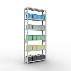 Schulte Lagertechnik Fachbodenregal Stecksystem MultiPlus250, Grundregal, 6 Fachböden, Kreuzstrebe, B 1000 x T 300 x H 2500 mm, Lichtgrau RAL 7035