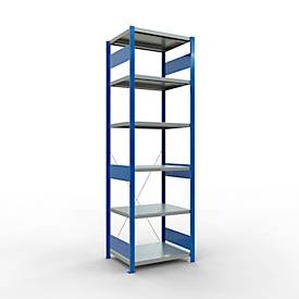 Schulte Lagertechnik Fachbodenregal Stecksystem MultiPlus250, Grundregal, 6 Fachböden, Kreuzstrebe, B 750 x T 600 x H 2500 mm, Enzianblau RAL 5010