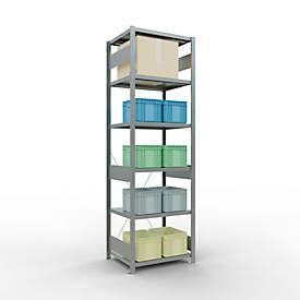 Schulte Lagertechnik Fachbodenregal Stecksystem MultiPlus250, Grundregal, 6 Fachböden, Kreuzstrebe, B 750 x T 600 x H 2500 mm, silbergrau/verzinkt