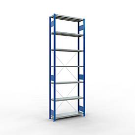 Schulte Lagertechnik Fachbodenregal Stecksystem MultiPlus250, Grundregal, 7 Fachböden, Kreuzstrebe, B 1000 x T 300 x H 3000 mm, Enzianblau RAL 5010
