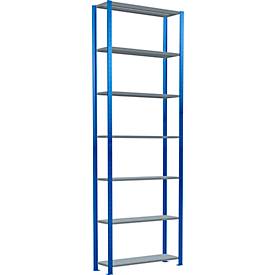 Schulte Lagertechnik Fachbodenregal Stecksystem MultiPlus250, Grundregal, 7 Fachböden, Kreuzstrebe, B 1000 x T 300 x H 3000 mm, Enzianblau RAL 5010
