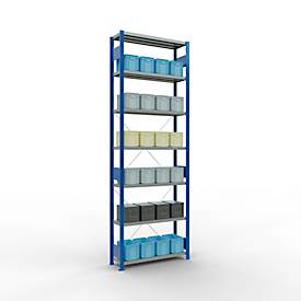 Schulte Lagertechnik Fachbodenregal Stecksystem MultiPlus250, Grundregal, 7 Fachböden, Kreuzstrebe, B 1000 x T 300 x H 3000 mm, Enzianblau RAL 5010