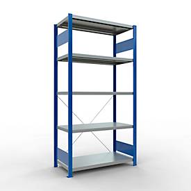 Schulte Lagertechnik Fachbodenregal Steckystem MULTIplus250, Grundregal, B 1000 x T 500 x H 2000 mm, 5 Böden, Kreuzstrebe, bis 1300 kg, enzianblau