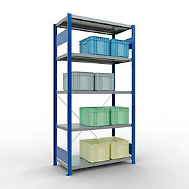 Schulte Lagertechnik Fachbodenregal Steckystem MULTIplus250, Grundregal, B 1000 x T 500 x H 2000 mm, 5 Böden, Kreuzstrebe, bis 1300 kg, enzianblau