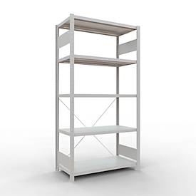 Schulte Lagertechnik Fachbodenregal Steckystem MULTIplus250, Grundregal, B 1000 x T 500 x H 2000 mm, 5 Böden, Kreuzstrebe, bis 1300 kg, lichtgrau