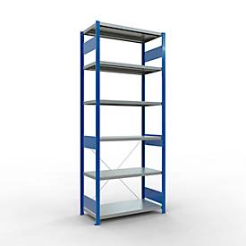 Schulte Lagertechnik Fachbodenregal Steckystem MULTIplus250, Grundregal, B 1000 x T 500 x H 2500 mm, 6 Böden, Kreuzstrebe, bis 1700 kg, enzianblau