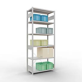 Schulte Lagertechnik Fachbodenregal Steckystem MULTIplus250, Grundregal, B 1000 x T 500 x H 2500 mm, 6 Böden, Kreuzstrebe, bis 1700 kg, lichtgrau