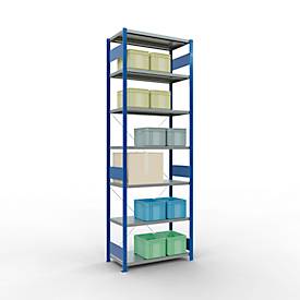 Schulte Lagertechnik Fachbodenregal Steckystem MULTIplus250, Grundregal, B 1000 x T 500 x H 3000 mm, 7 Böden, Kreuzstrebe, bis 2300 kg, enzianblau