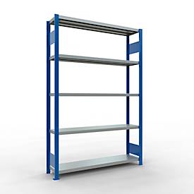 Schulte MULTIplus250 Steckregal, Grundregal, 5 Fachböden, bis 250 kg je Fachboden, werkzeuglos montierbar, B 1300 x T 300 x H 2000, enzianblau/verzinkt
