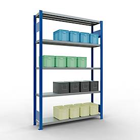 Schulte MULTIplus250 Steckregal, Grundregal, 5 Fachböden, bis 250 kg je Fachboden, werkzeuglos montierbar, B 1300 x T 300 x H 2000, enzianblau/verzinkt