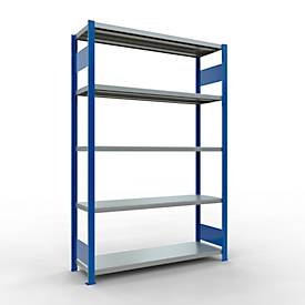 Schulte MULTIplus250 Steckregal, Grundregal, 5 Fachböden, bis 250 kg je Fachboden, werkzeuglos montierbar, B 1300 x T 400 x H 2000, enzianblau/verzinkt