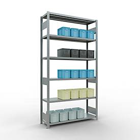 Schulte MULTIplus250 Steckregal, Grundregal, 5 Fachböden, bis 250 kg je Fachboden, werkzeuglos montierbar B 1300 x T 400 x H 2500, silbergrau