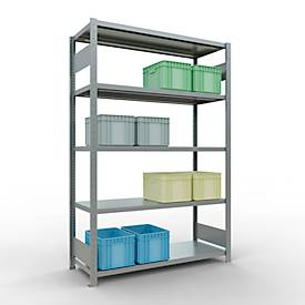 Schulte MULTIplus250 Steckregal, Grundregal, 5 Fachböden, bis 250 kg je Fachboden, werkzeuglos montierbar B 1300 x T 500 x H 2000, silbergrau