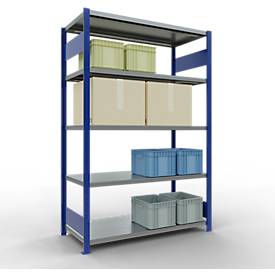 Schulte MULTIplus250 Steckregal, Grundregal, 5 Fachböden, bis 250 kg je Fachboden, werkzeuglos montierbar, B 1300 x T 600 x H 2000, enzianblau/verzinkt