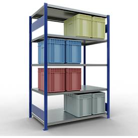Schulte MULTIplus250 Steckregal, Grundregal, 5 Fachböden, bis 250 kg je Fachboden, werkzeuglos montierbar, B 1300 x T 800 x H 2000, enzianblau/verzinkt