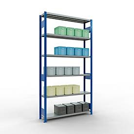 Schulte MULTIplus250 Steckregal, Grundregal, 6 Fachböden, bis 250 kg je Fachboden, werkzeuglos montierbar, B 1300 x T 300 x H 2500, enzianblau/verzinkt