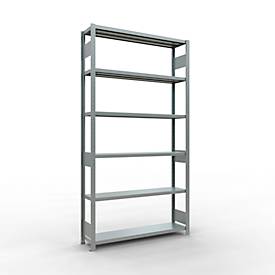 Schulte MULTIplus250 Steckregal, Grundregal, 6 Fachböden, bis 250 kg je Fachboden, werkzeuglos montierbar, B 1300 x T 300 x H 2500, silbergrau