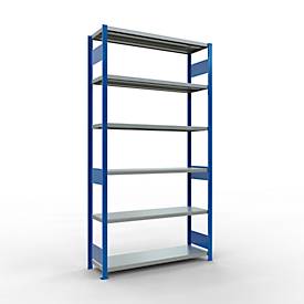Schulte MULTIplus250 Steckregal, Grundregal, 6 Fachböden, bis 250 kg je Fachboden, werkzeuglos montierbar, B 1300 x T 400 x H 2500, enzianblau/verzinkt