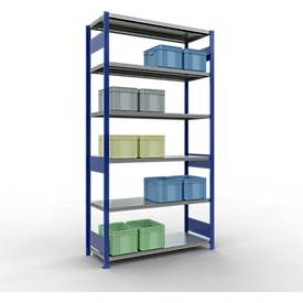 Schulte MULTIplus250 Steckregal, Grundregal, 6 Fachböden, bis 250 kg je Fachboden, werkzeuglos montierbar, B 1300 x T 500 x H 2500, enzianblau/verzinkt