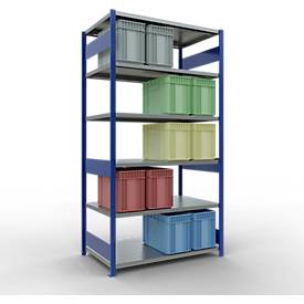 Schulte MULTIplus250 Steckregal, Grundregal, 6 Fachböden, bis 250 kg je Fachboden, werkzeuglos montierbar, B 1300 x T 800 x H 2500, enzianblau/verzinkt