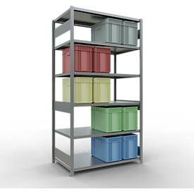 Schulte MULTIplus250 Steckregal, Grundregal, 6 Fachböden, bis 250 kg je Fachboden, werkzeuglos montierbar B 1300 x T 800 x H 2500, silbergrau