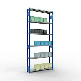 Schulte MULTIplus250 Steckregal, Grundregal, 7 Fachböden, bis 250 kg je Fachboden, werkzeuglos montierbar, B 1300 x T 300 x H 3000, enzianblau/verzinkt