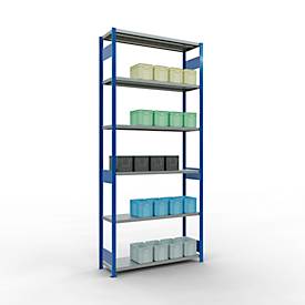 Schulte MULTIplus250 Steckregal, Grundregal, 7 Fachböden, bis 250 kg je Fachboden, werkzeuglos montierbar, B 1300 x T 400 x H 3000, enzianblau/verzinkt
