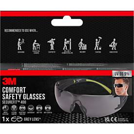 Schutzbrille 3M SecureFit 400, EN 166:2001, UVA/UVB/UVC-resistent, Bügeldruckverteilung, verstellbare Nasenpolster, beschichtet, Polycarbonatglas, grau