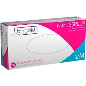 Schutzhandschuhe BINGOLD Nitril 35PLUS, Einweg, mikrotextuierte Fingerspitzen, puderfrei, Nitril, weiß, Größe M, 100 Stück