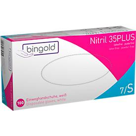 Schutzhandschuhe BINGOLD Nitril 35PLUS, Einweg, mikrotextuierte Fingerspitzen, puderfrei, Nitril, weiß, Größe S, 100 Stück