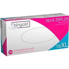 Schutzhandschuhe BINGOLD Nitril 35PLUS, Einweg, mikrotextuierte Fingerspitzen, puderfrei, Nitril, weiß, Größe XL, 100 Stück