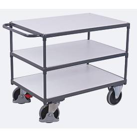 Schwerer ESD-Tischwagen, Stahl/Spanplatte, Graphitgrau/Lichtgrau, 3 Etagen, L 1200 x B 800 mm, TPE-Rollen mit EasySTOP, bis 500 kg