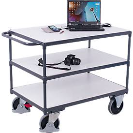 Schwerer ESD-Tischwagen, Stahl/Spanplatte, Graphitgrau/Lichtgrau, 3 Etagen, L 850 x B 500 mm, TPE-Rollen mit EasySTOP, bis 400 kg