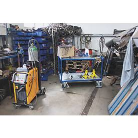 Schwerer Tischwagen, Stahl/MDF-Platte, Enzianblau/silber, 2 Etagen, L 1200 x B 800 mm, TPE-Rollen mit EasySTOP, bis 500 kg